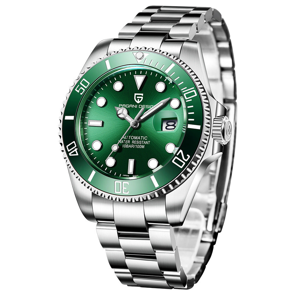Bojiani PAGANI Popular Green Water Ghost Mechanical Watch NH35 features stainless steel, calendar, and waterproof design.
